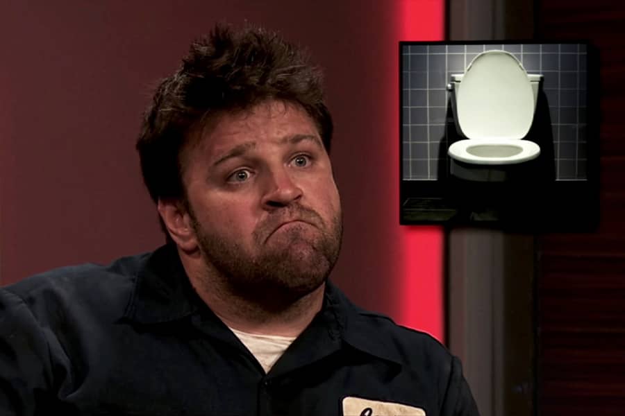 Jeeter looking sad in a confessional with a photo of a toilet