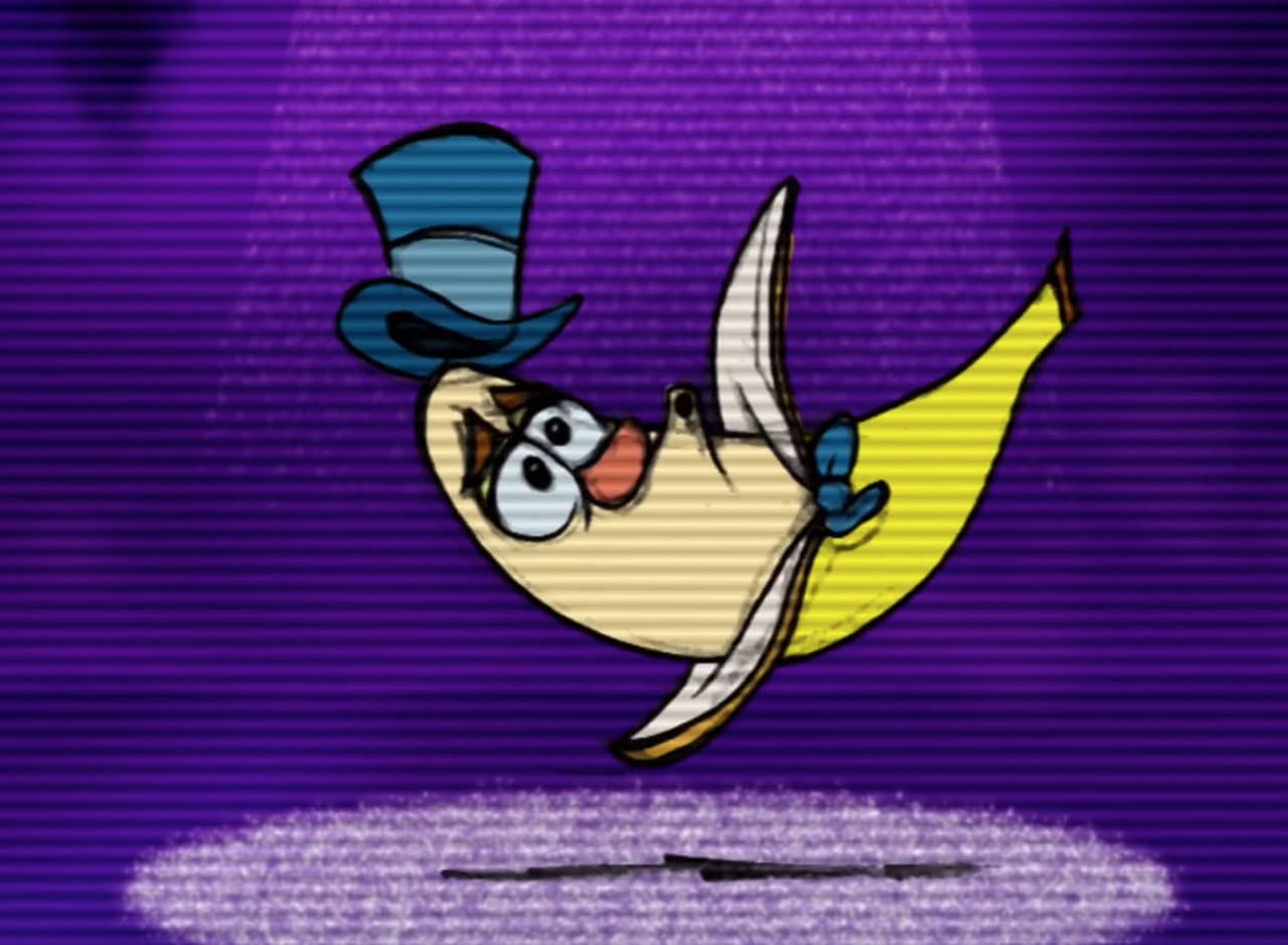 banana wearing a top hat and bowtie slips and falls