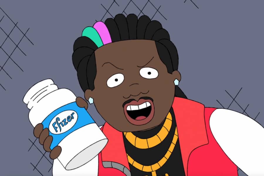 host Little Flor-Ida holding a Ffizer medicine bottle