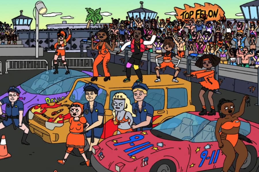 two prisoners being taken off in handcuffs while others dance on top of cars in front of a spring break audience