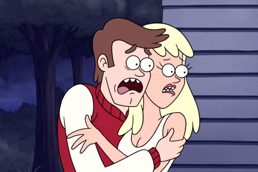 a teen couple embracing and screaming