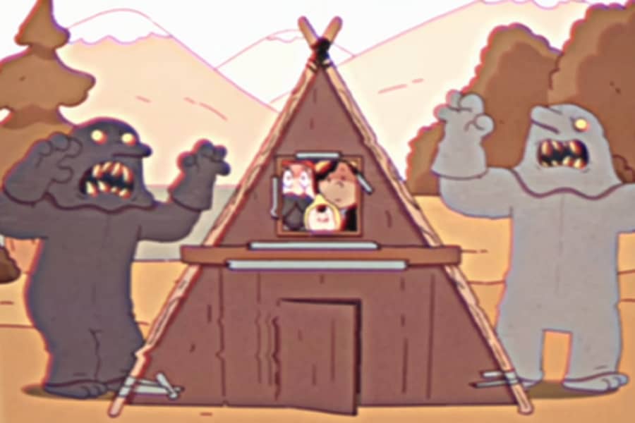 two costumed trolls approaching an A-frame cabin