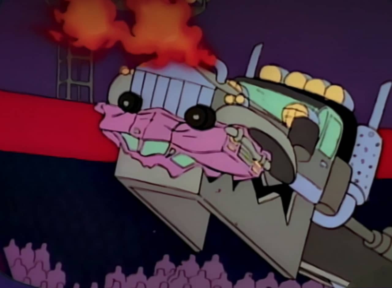 Truckasaurus, huge robot dinosaur chomping on a car and shooting flames from its nostrils
