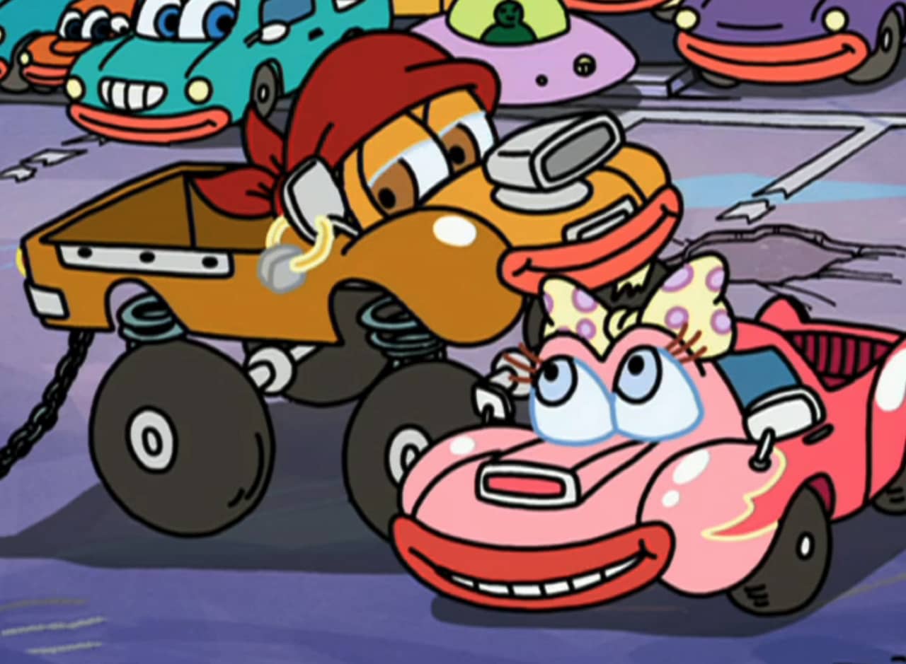Johnny Half-ton, a truck with eyes, with his lady friend, Cindy Cupholder, a pink car