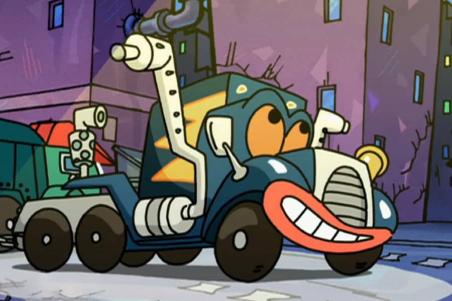 a semi truck with eyes