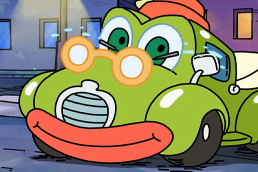 Rita the Meter Maid, a green car, crying via her windshield wiper fluid