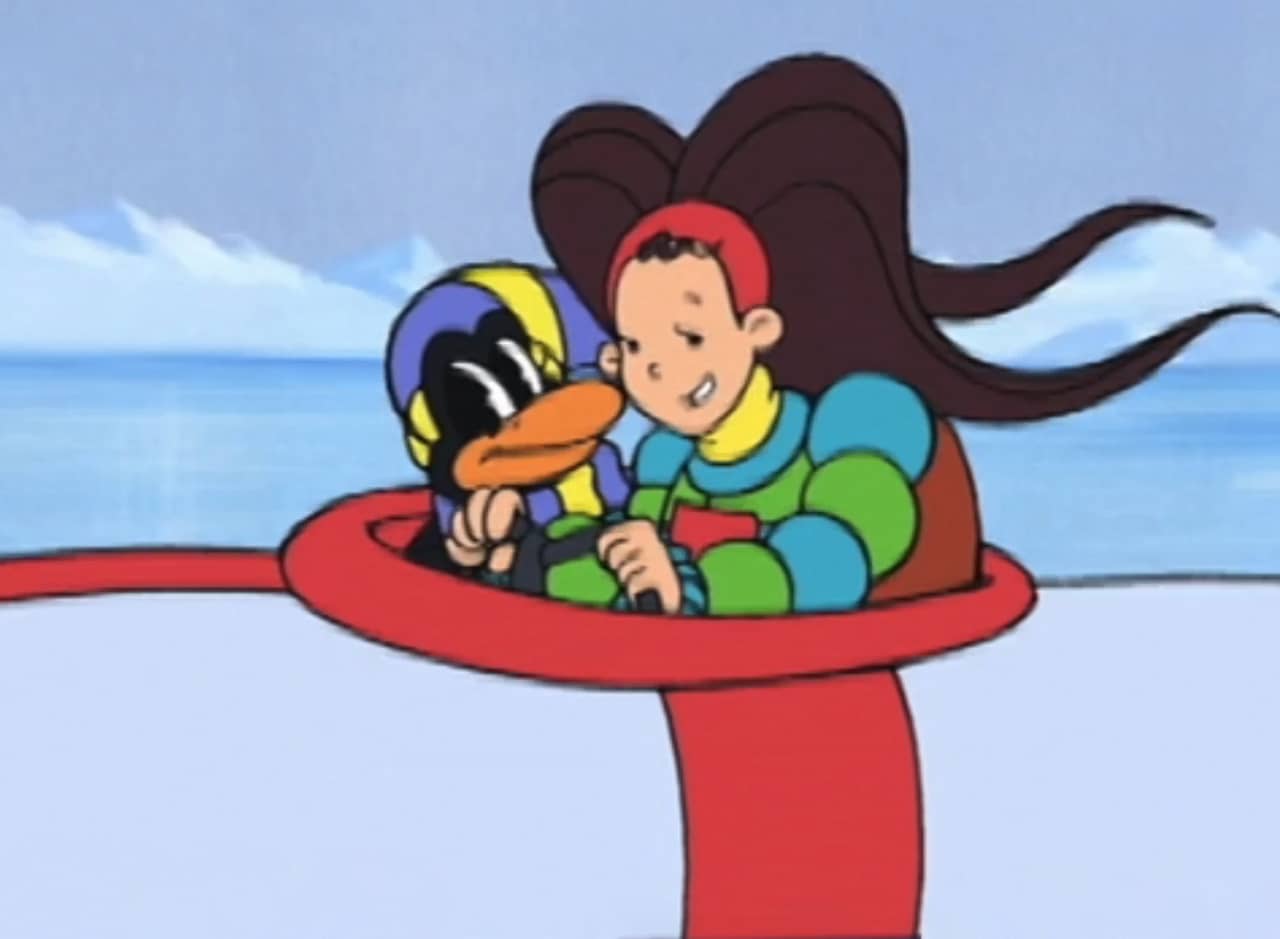 Tundra Woman, a teen girl in a puffy jacket, flies in a craft with a penguin friend