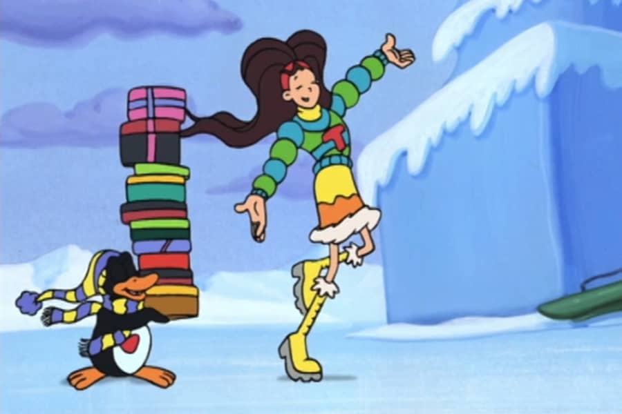 Tundra Woman dances while her penguin holds a big stack of packages