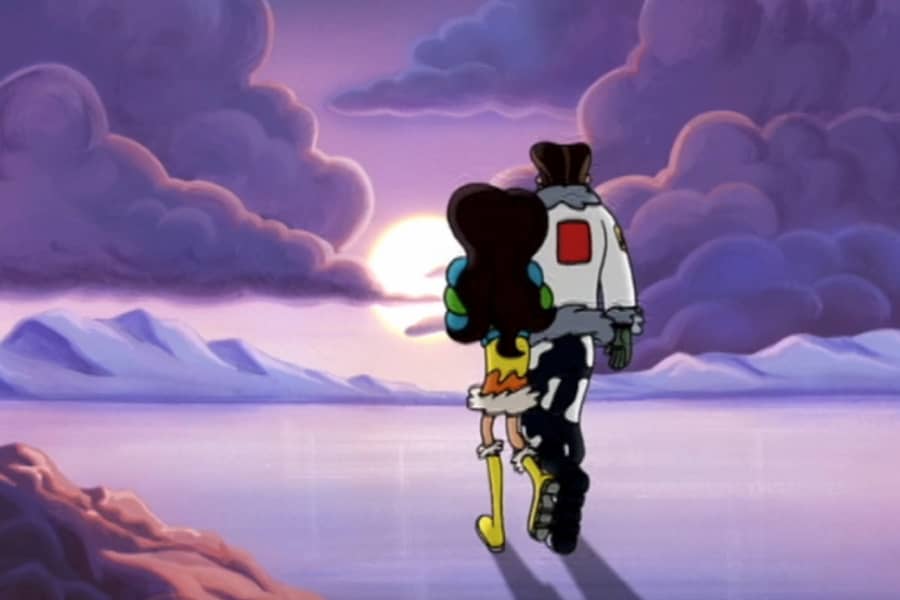 Tundra Woman walks into the sunset on the arm of a boy