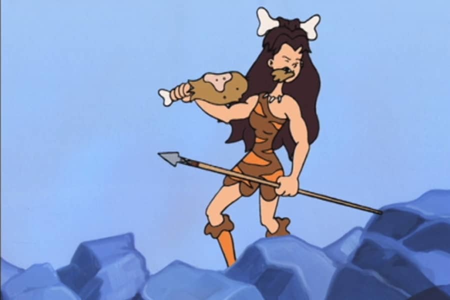 Tundra Woman as a cave woman eating a big drumstick