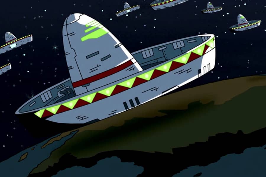 spaceships shaped like sombreros approach Earth
