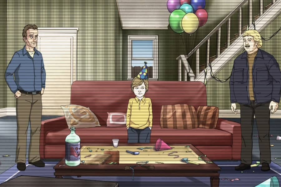 two grown men flank the boy on the couch talking to each other
