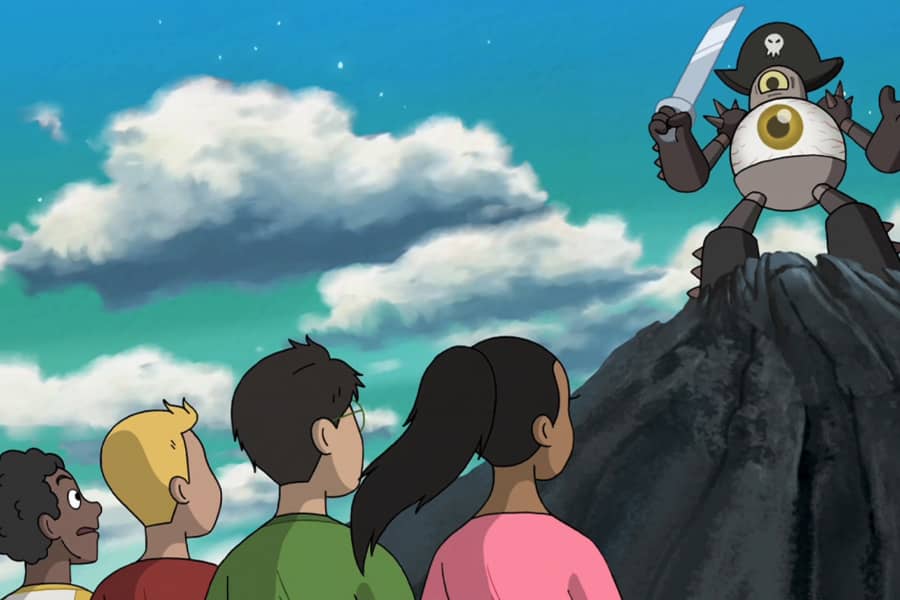 the teens look up at an eyeball pirate monster