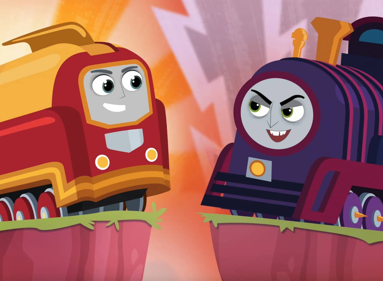Ultratrain, a red and gold train engine, and Trainiac, a purple one