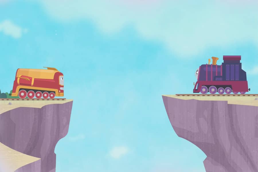 Ultratrain and Trainiac separated by a canyon