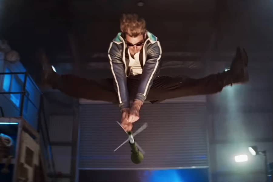 Johnny does the splits in the air to dodge the missile