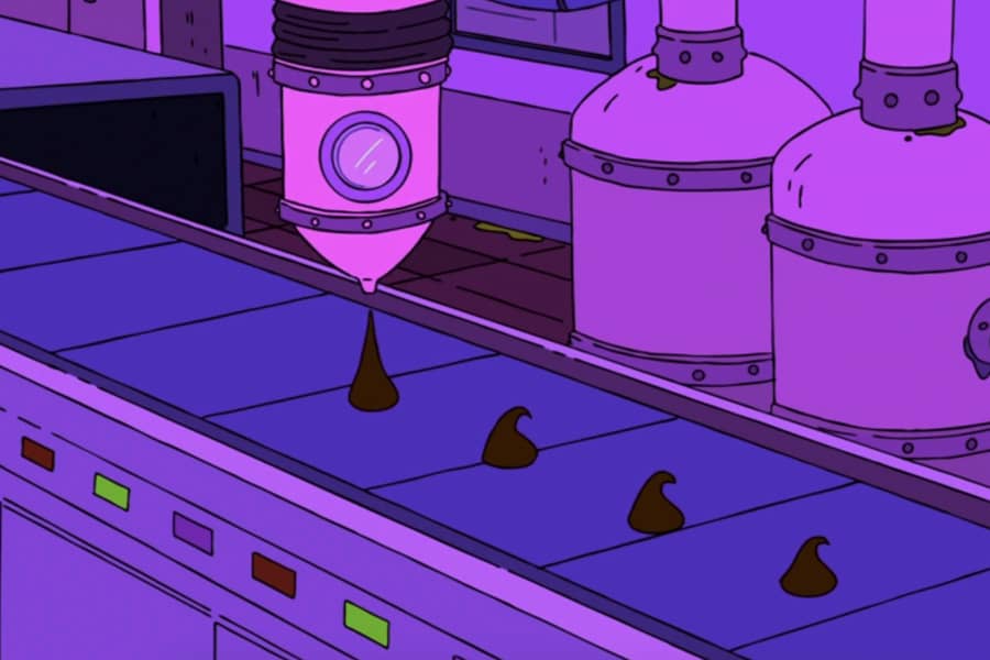 chocolate kisses being made in a factory