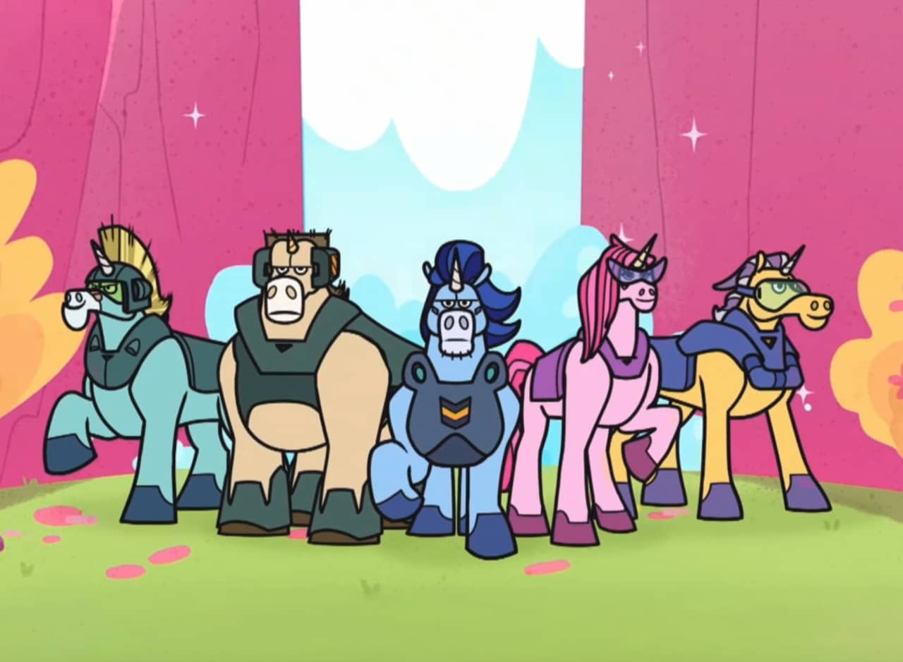 five colorful unicorns with body armor