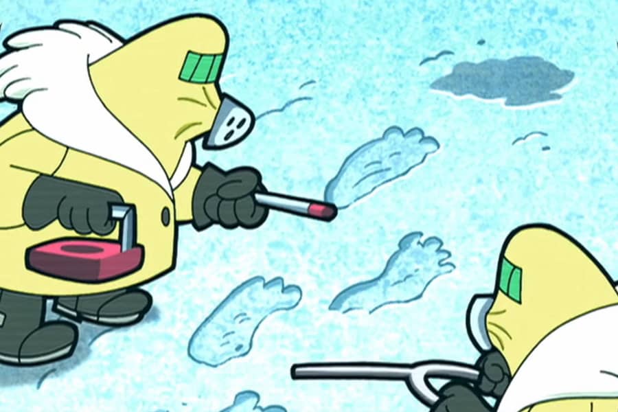 people in hazmat suits analyizing big footprints in the snow