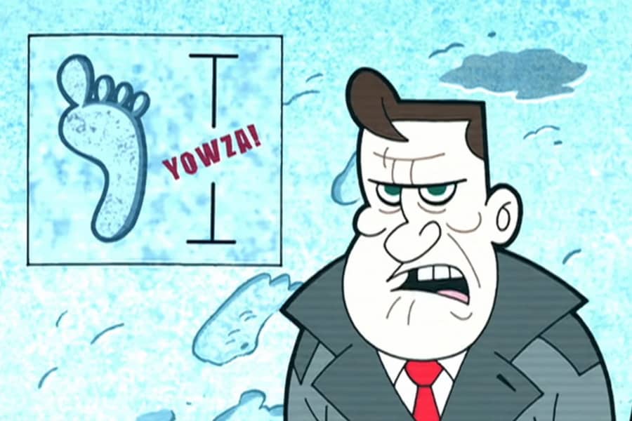host with big footpring with measurement labeled “yowza!”