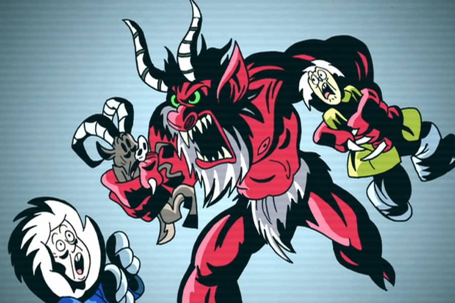 horror illustration of horned monster grabbing a person and a goat