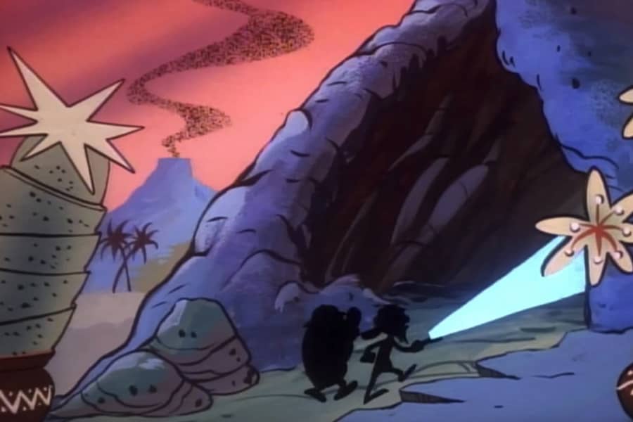 Ren and Stimpy with flashlights going into a cave