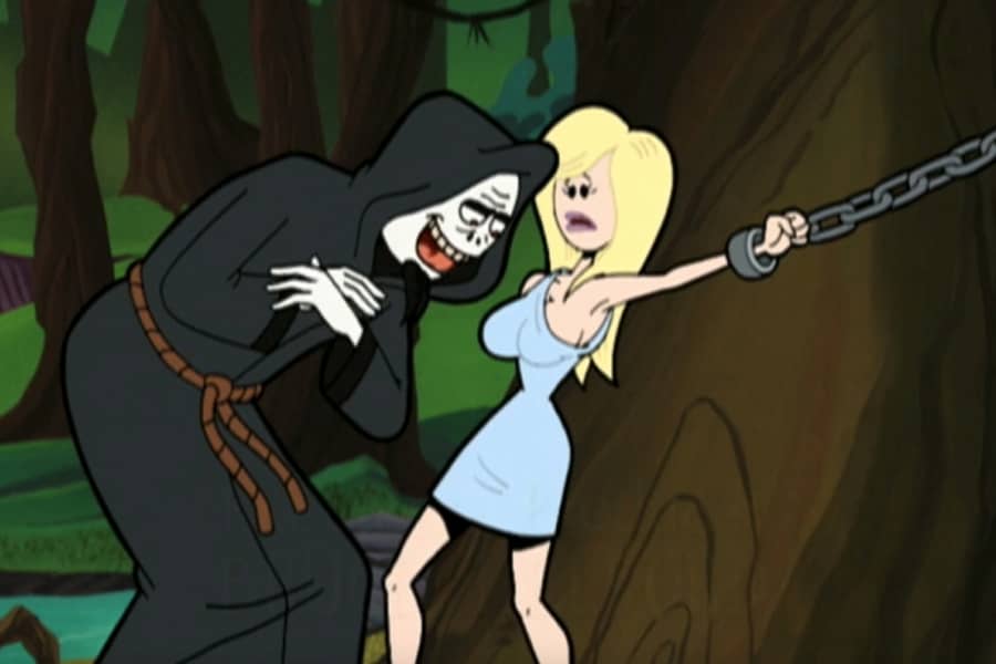 a busty woman chained to a tree as the evil Testiclese leers at her