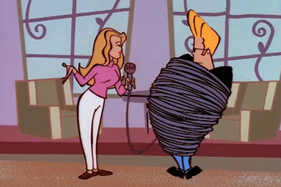 Vendela interviewing Johnny Bravo who is tied up in her microphone wire