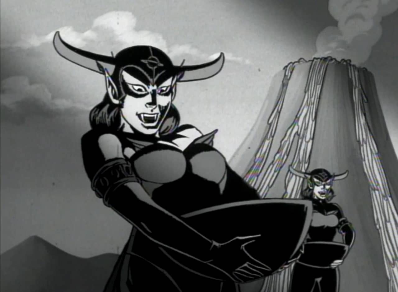 Viking women with vampire fangs holding big bowls while standing by a volcano