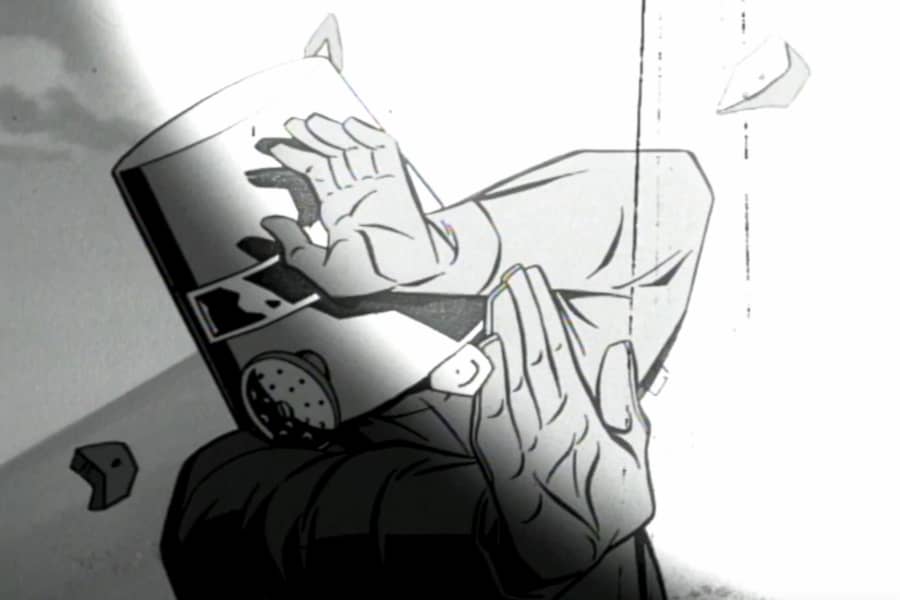 man in hazmat suit shielding his face from a bright light