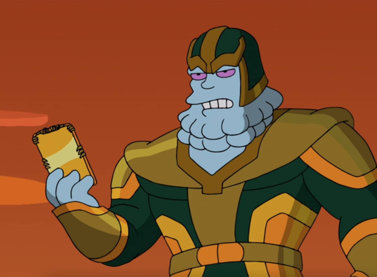 Chinnos, a blue villain, flying in the air and holding a smartphone