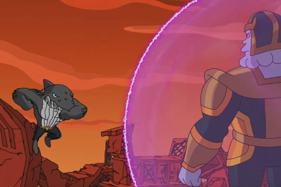 shark hero jumping toward Chinnos who is in a pink safety bubble in the air