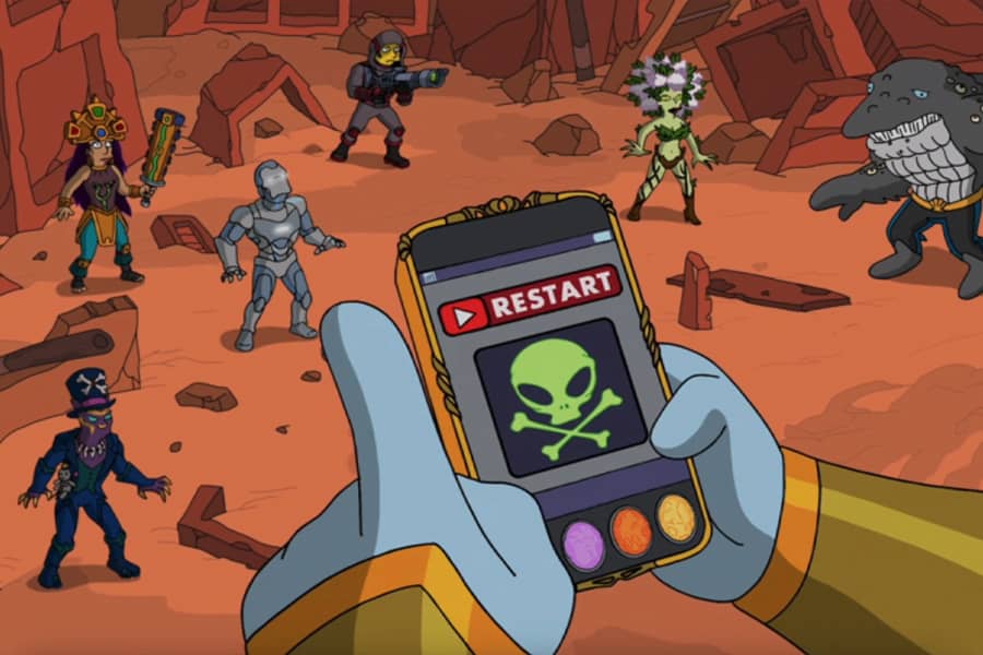 Chinnos ready to restart the Doomsday app as the Vindicators look on