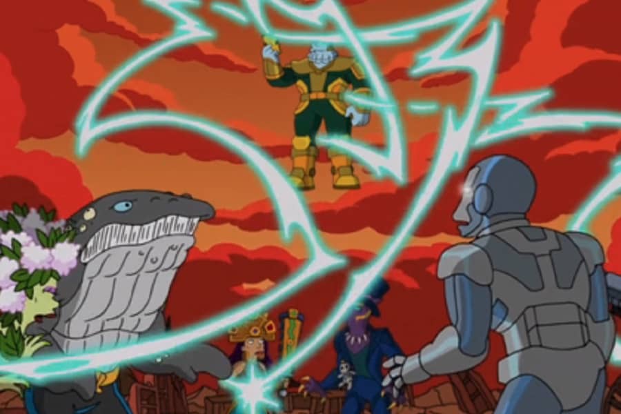 blue lightning attacks the Vindicators