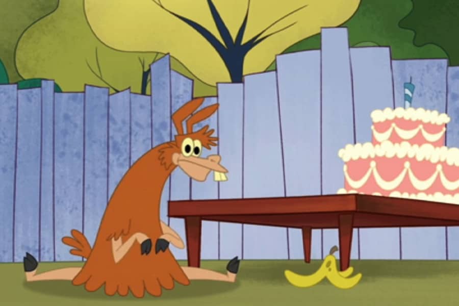 Walter doing the splits next to a banana peel on the ground