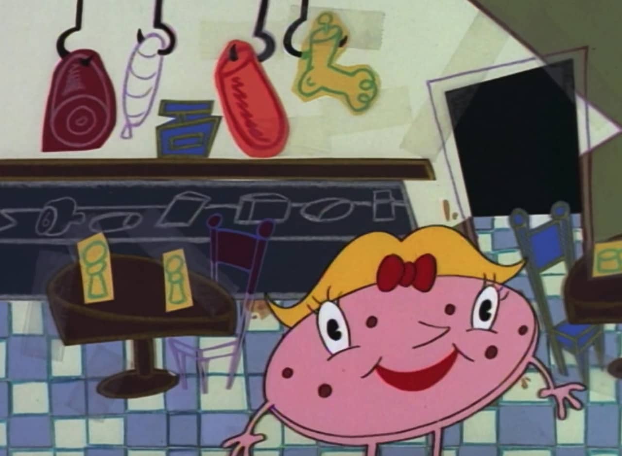 a happy bologna with hair and bow in a crudely drawn deli