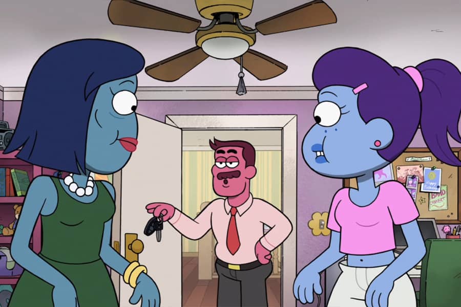 the dad opens the door and holds up car keys