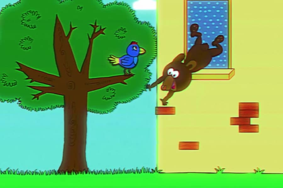 Teddy falling out of a window