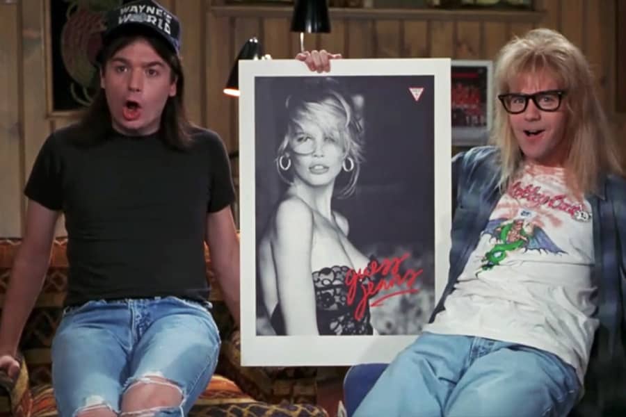 Wayne and Garth do a schwing at a picture of Cindy Crawford