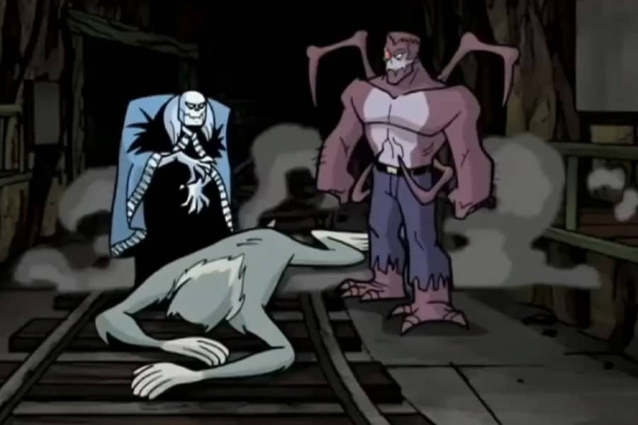 Argost and Munya looking at a bigfoot-like creature laying on the ground