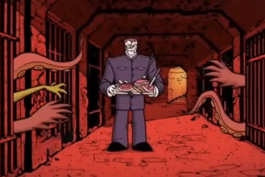 Munya carrying a tray of meat through a jail and various cryptid arms are reaching out of the cells