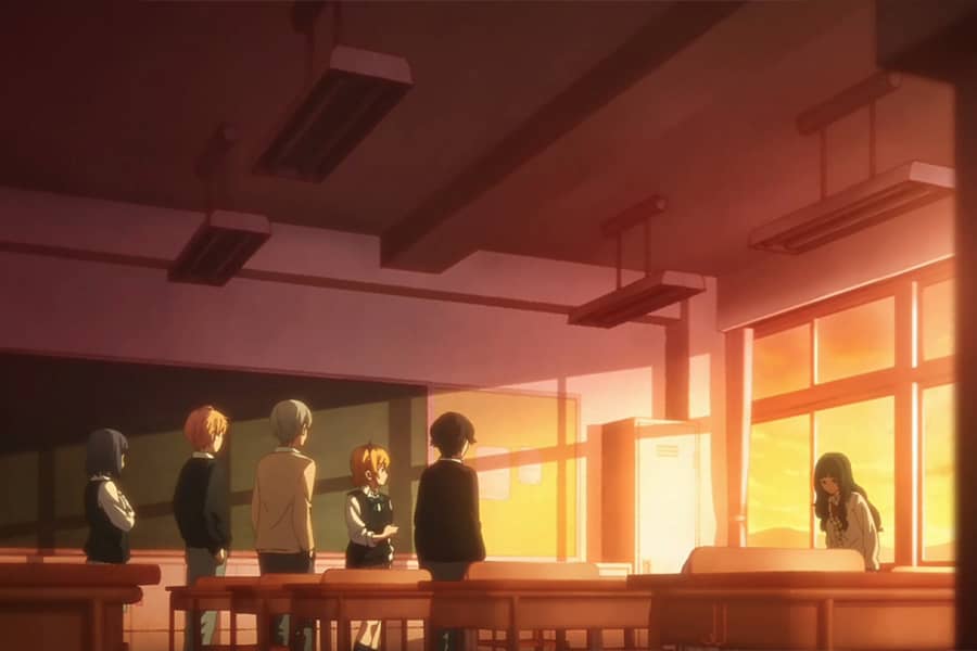 the cast talking to Yuki, who is sitting by the window