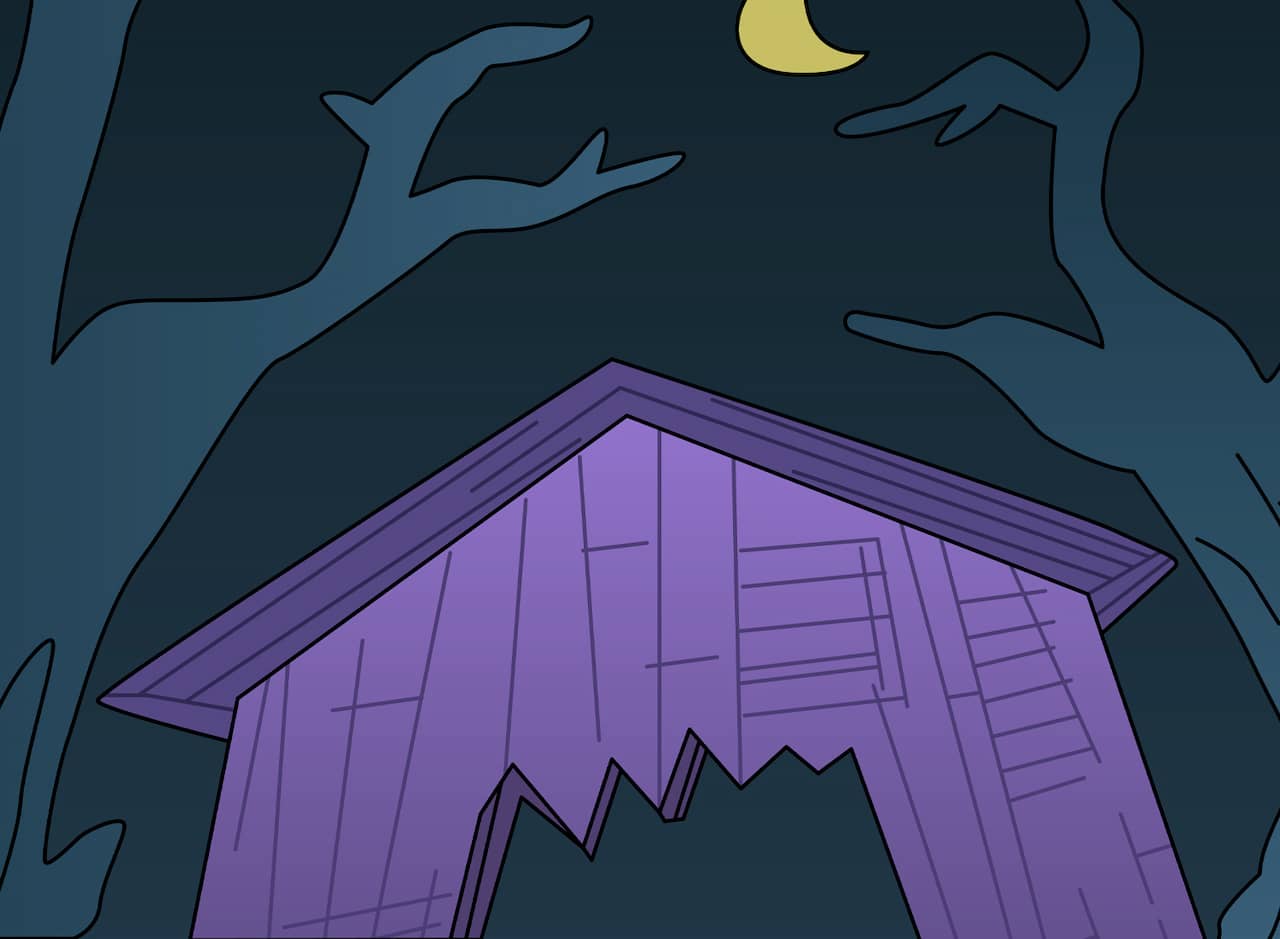 a spooky old house with broken panels that look like teeth