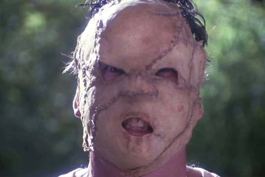 closeup of The Butcher’s mask made of stitched-together skin