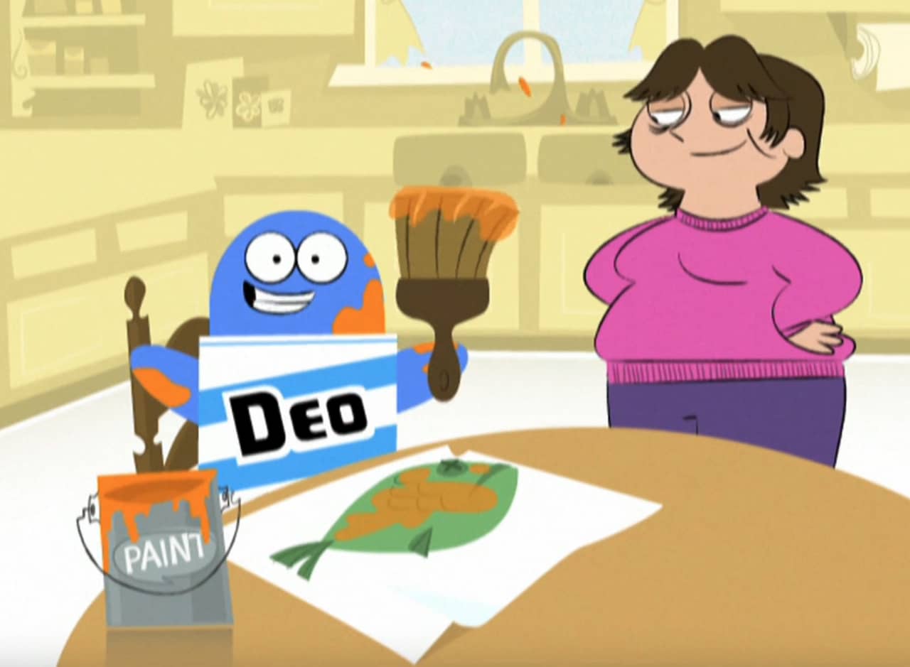 Bloo painting a trout orange in a kitchen as a human wife looks on