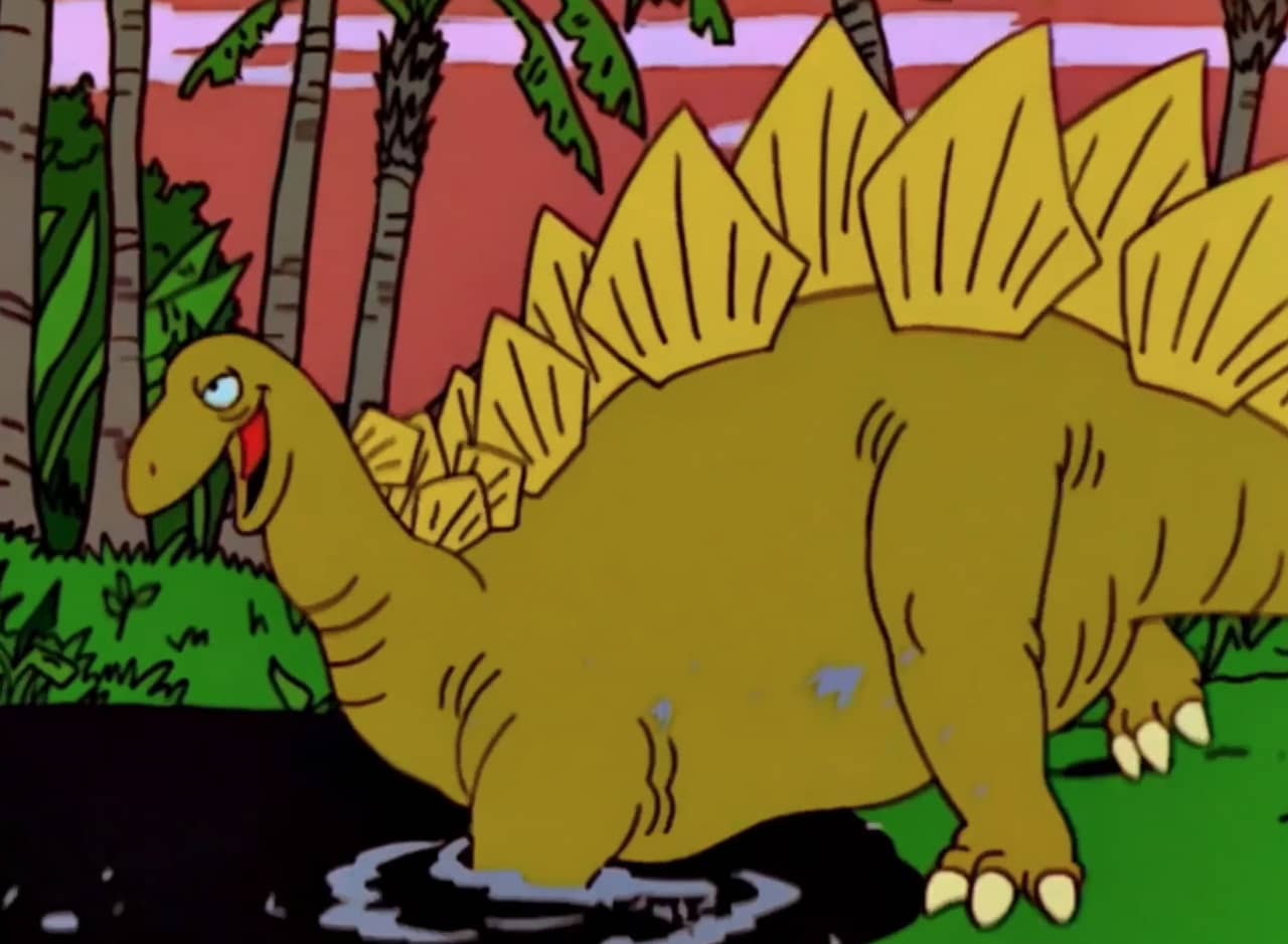 a drunk stegosaurus walking into a pit of tar