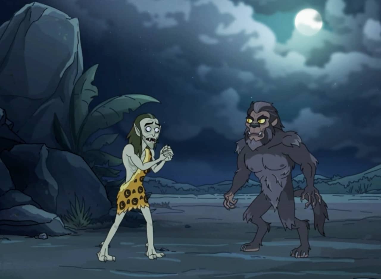 a vampire in a loincloth pleads with a werewolf
