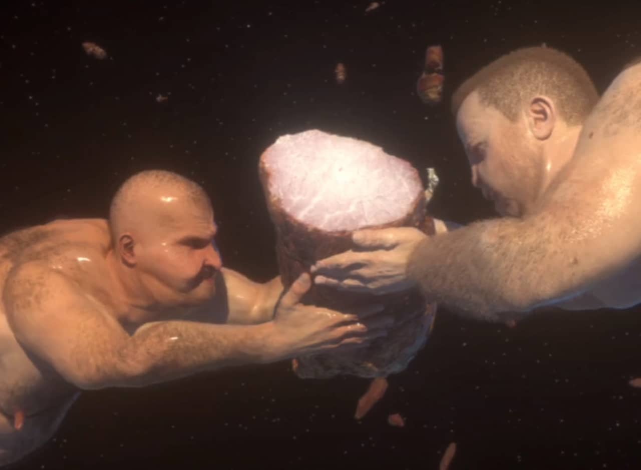 two large, shirtless, hairy men floating in space fighting over a ham