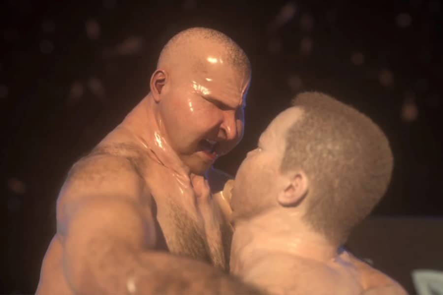closeup of the men, their skin is so shiny