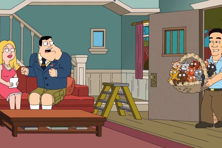 Francine talking to her husband while a man walks in with a basket of kittens